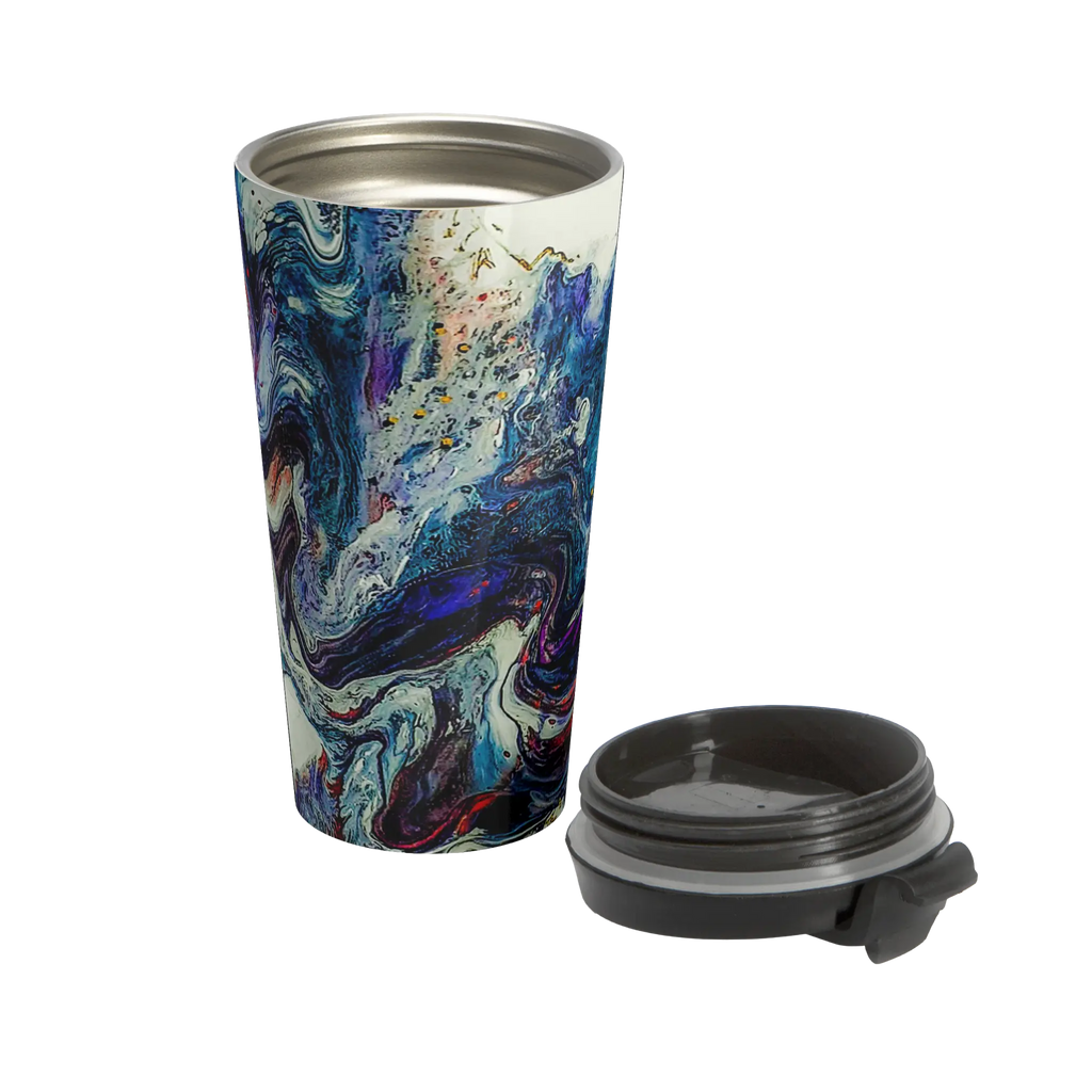 Freebrd Afrostar stainless steel travel mug open view with lid removed showing stainless steel interior and full abstract acrylic pour artwork in navy, blue, white, purple and red on 15oz travel mug.