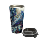 Freebrd Afrostar stainless steel travel mug open view with lid removed showing stainless steel interior and full abstract acrylic pour artwork in navy, blue, white, purple and red on 15oz travel mug.