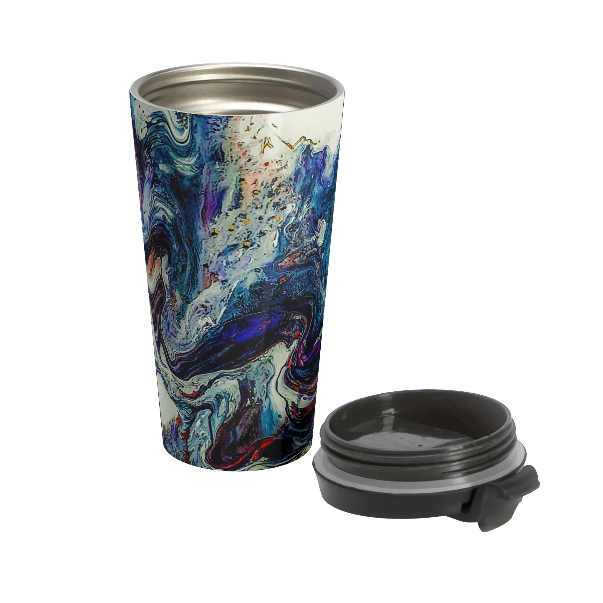Freebrd Afrostar stainless steel travel mug open view with lid removed showing stainless steel interior and full abstract acrylic pour artwork in navy, blue, white, purple and red on 15oz travel mug.