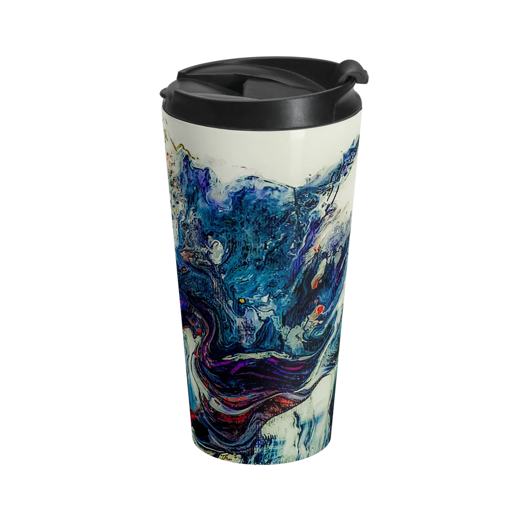 Freebrd Afrostar stainless steel travel mug right side view showing swirling abstract acrylic pour artwork in navy, blue, white and red with black leak-proof lid on 15oz travel mug.