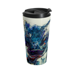 Freebrd Afrostar stainless steel travel mug right side view showing swirling abstract acrylic pour artwork in navy, blue, white and red with black leak-proof lid on 15oz travel mug.