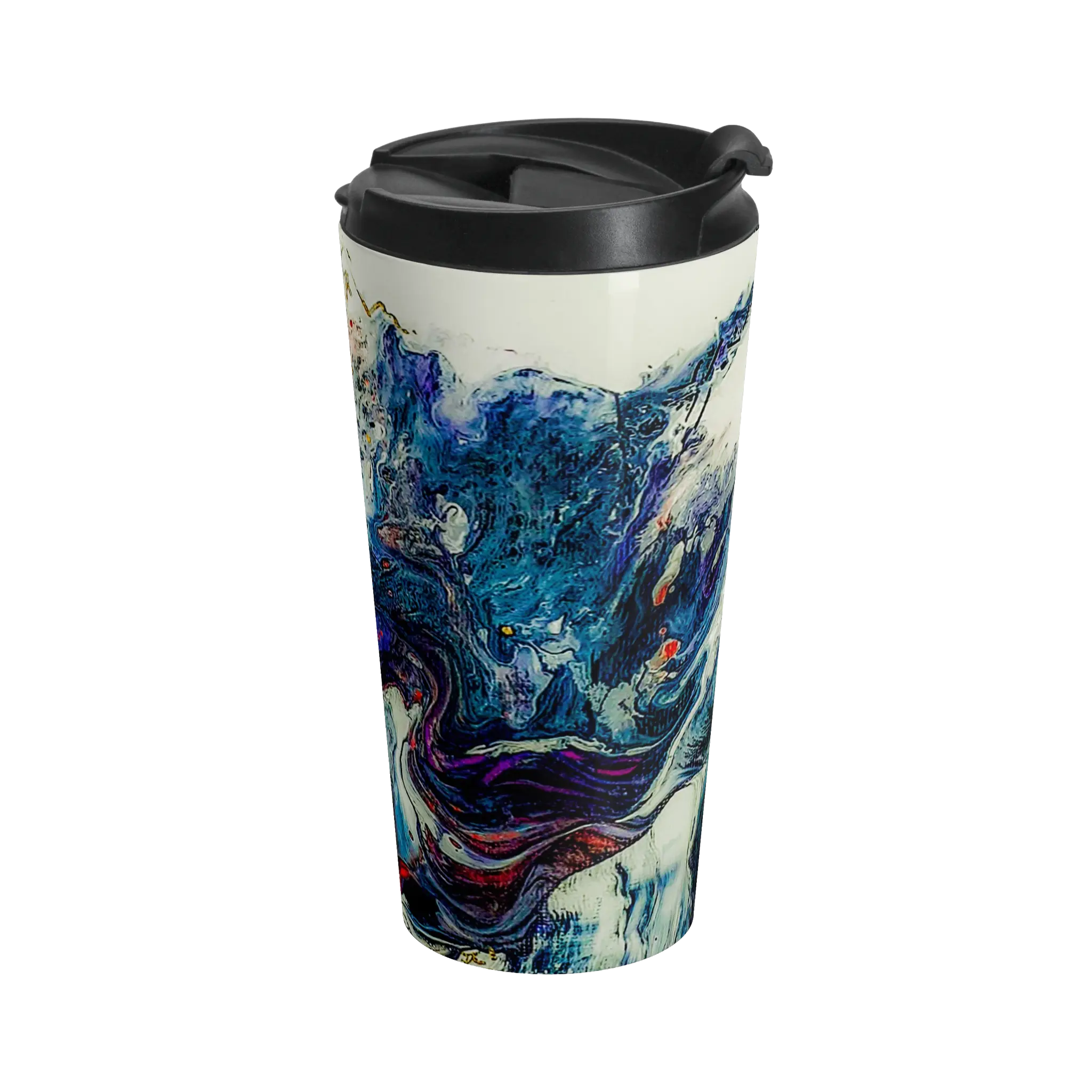 Freebrd Afrostar stainless steel travel mug right side view showing swirling abstract acrylic pour artwork in navy, blue, white and red with black leak-proof lid on 15oz travel mug.