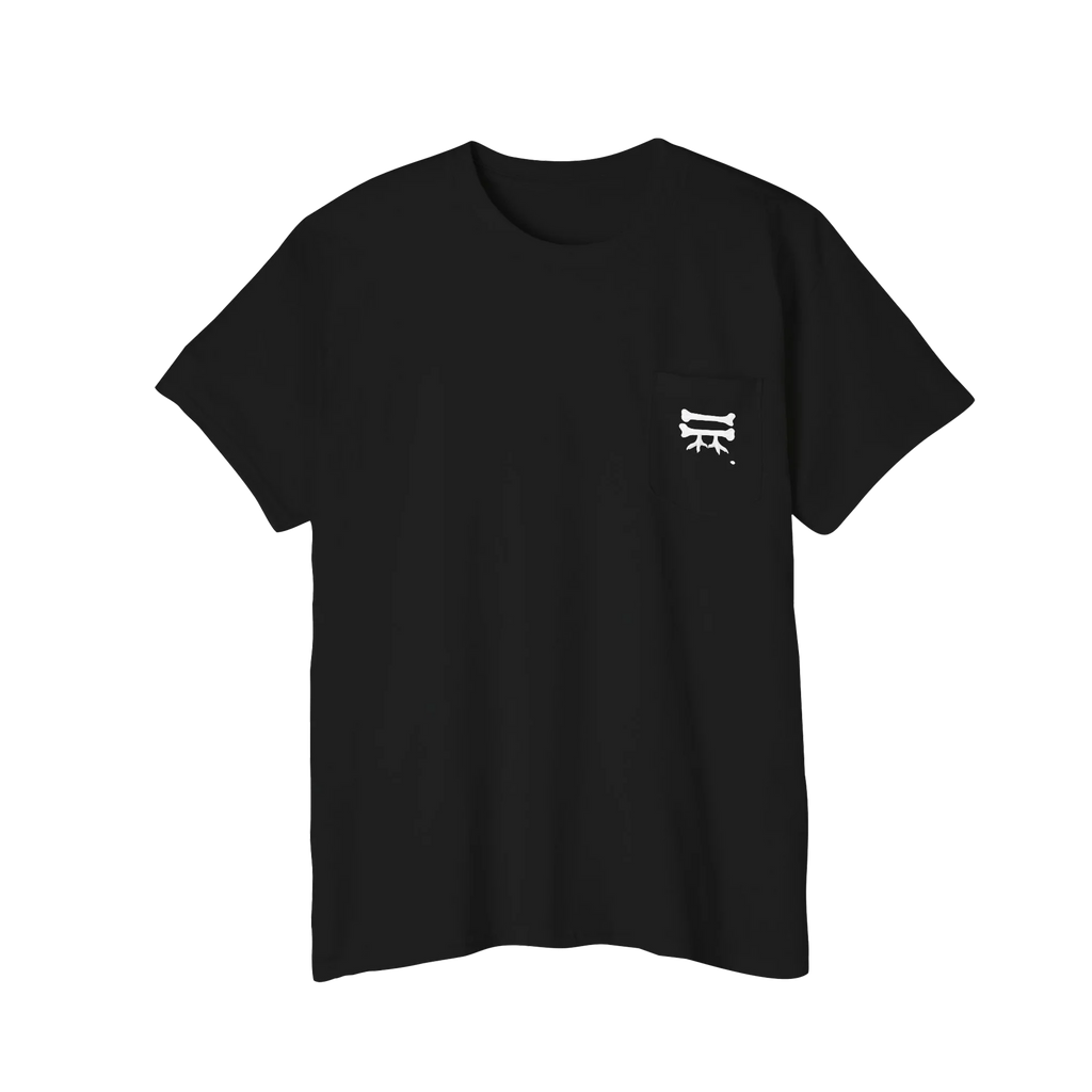 A FREEBRD Bone Chikn Logo Classic Cotton Black Pocket Tee with bone, chicken feet and a piece of corn on the front chest pocket.