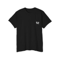 A FREEBRD Bone Chikn Logo Classic Cotton Black Pocket Tee with bone, chicken feet and a piece of corn on the front chest pocket.