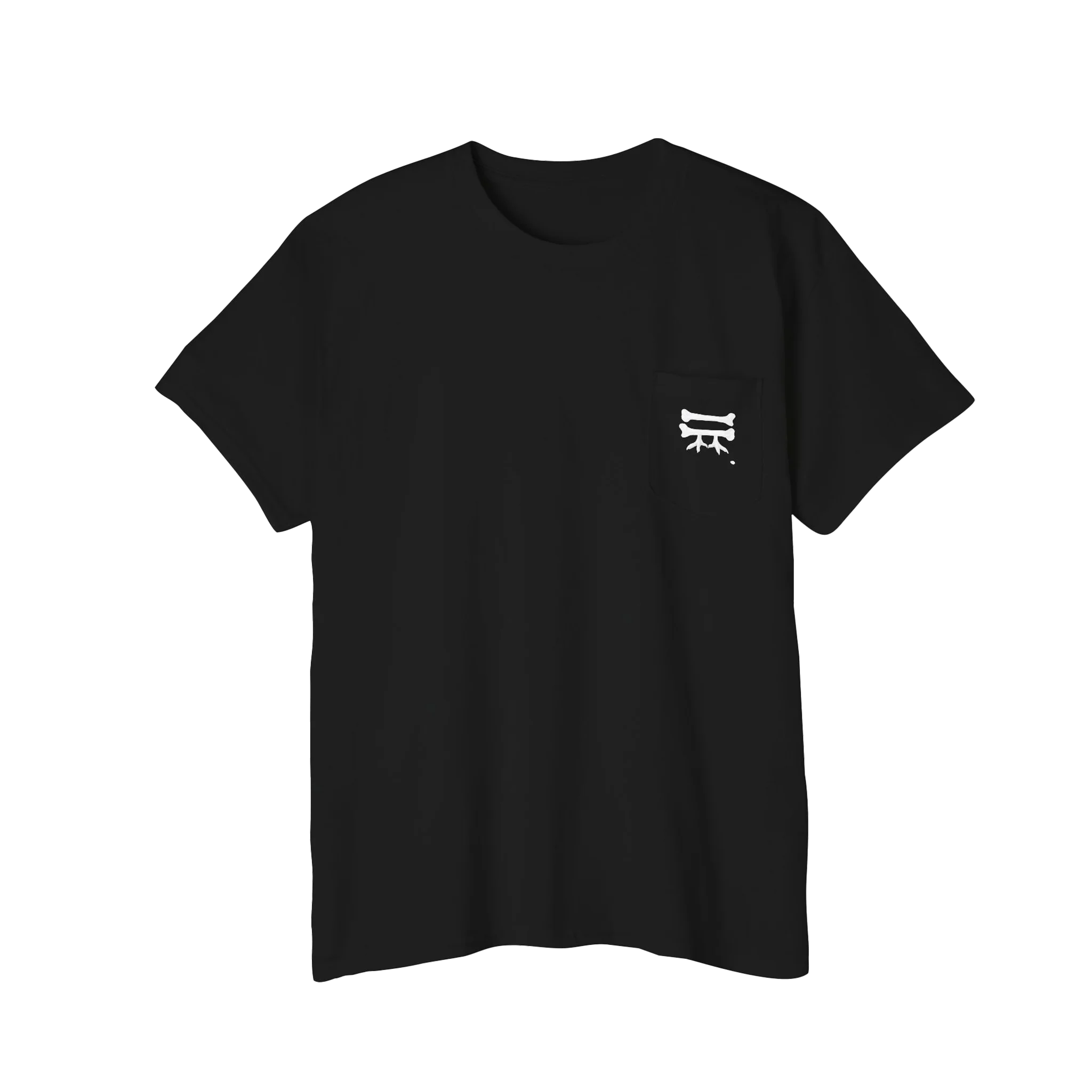 A Freebrd Bone Chikn Logo Classic Cotton Black Pocket Tee with bone, chicken feet and a piece of corn on the front chest pocket.