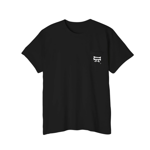 A FREEBRD Bone Chikn Logo Classic Cotton Black Pocket Tee with bone, chicken feet and a piece of corn on the front chest pocket.