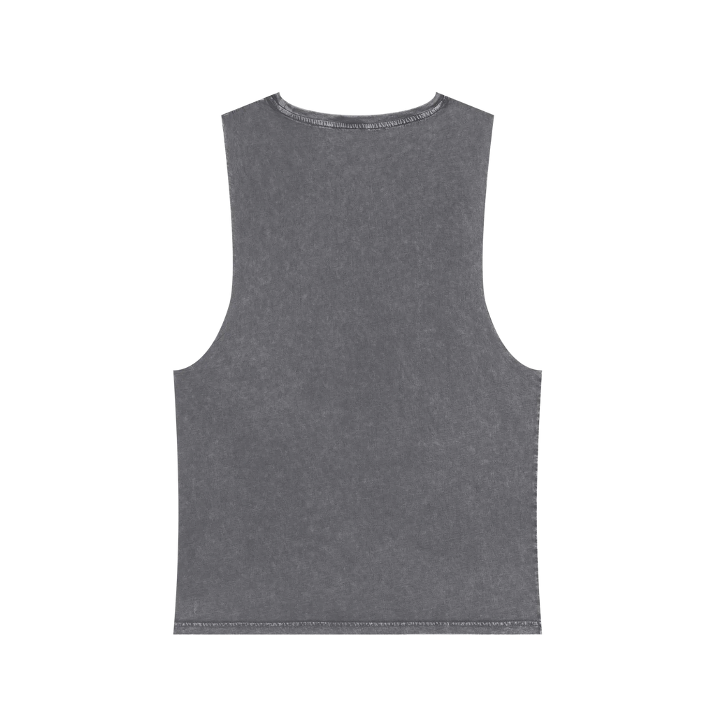 A back preview of the ash stonewash personalized muscle tank with the black arched 'Burnt Out Est. 1993’ graphic.