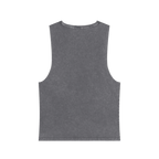 A back preview of the ash stonewash personalized muscle tank with the black arched 'Burnt Out Est. 1993’ graphic.