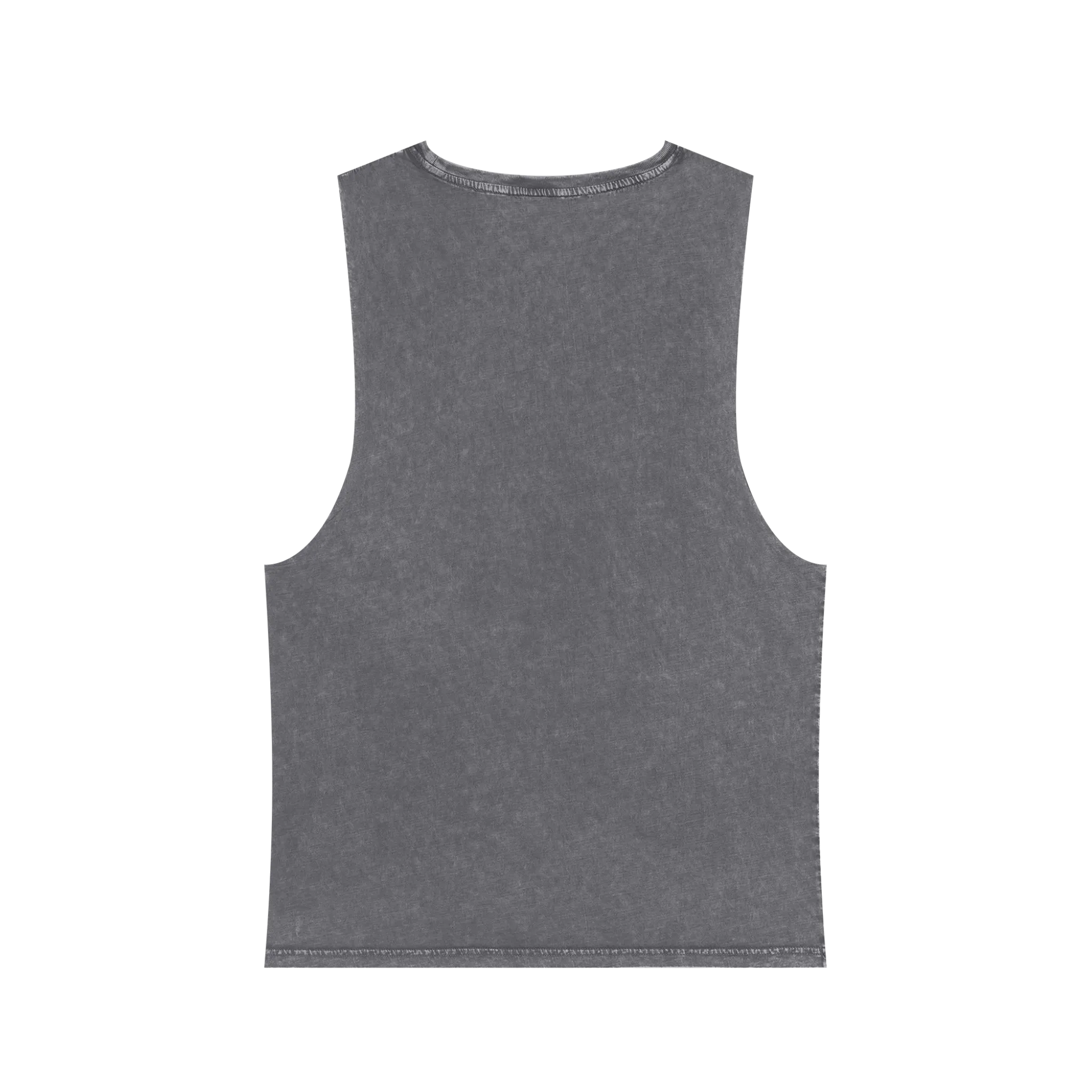 A back preview of the ash stonewash personalized muscle tank with the black arched 'Burnt Out Est. 1993’ graphic.