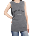 A person wearing the ash stonewash personalized muscle tank with a black arched 'Burnt Out Est. 1993' graphic — custom birth year gift idea for him or her.