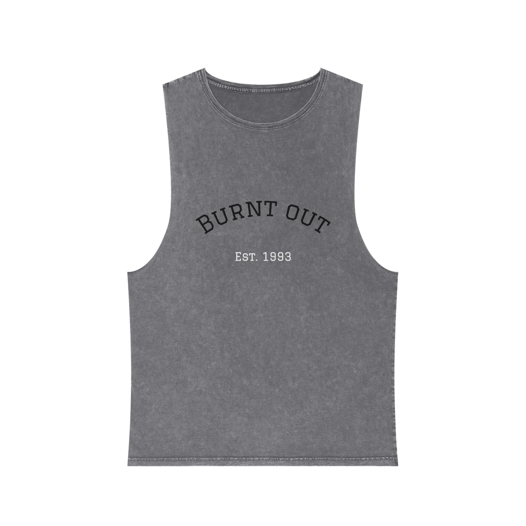 A front preview of the ash stonewash personalized muscle tank with a black arched 'Burnt Out Est. 1993' graphic — custom birth year gift idea for him or her.