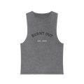 A front preview of the ash stonewash personalized muscle tank with a black arched 'Burnt Out Est. 1993' graphic — custom birth year gift idea for him or her.