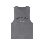 A front preview of the ash stonewash personalized muscle tank with a black arched 'Burnt Out Est. 1993' graphic — custom birth year gift idea for him or her.