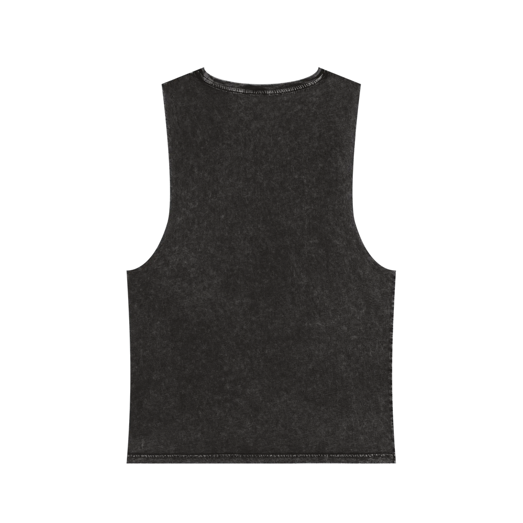A back preview of the black stonewash personalized muscle tank with a white arched 'Burnt Out Est. 1993' graphic — custom birth year gift idea for him or her.