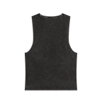 A back preview of the black stonewash personalized muscle tank with a white arched 'Burnt Out Est. 1993' graphic — custom birth year gift idea for him or her.
