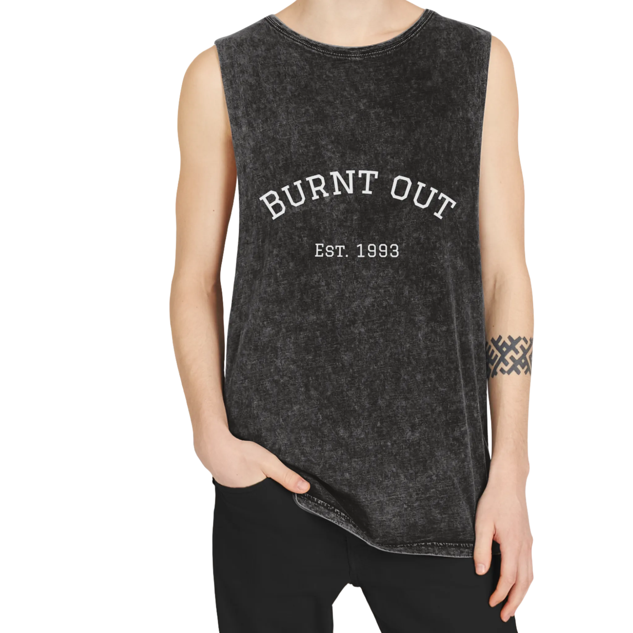 A person wearing the black stonewash personalized muscle tank with a white arched 'Burnt Out Est. 1993' graphic — custom birth year gift idea for him or her.