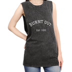A person wearing the black stonewash personalized muscle tank with a white arched 'Burnt Out Est. 1993' graphic — custom birth year gift idea for him or her.