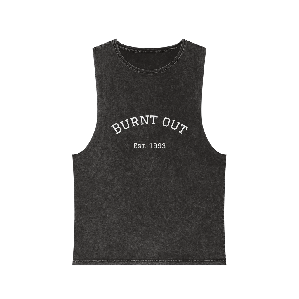 A black stonewash personalized muscle tank with a white arched 'Burnt Out Est. 1993' graphic — custom birth year gift idea for him or her.
