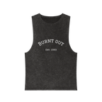 A black stonewash personalized muscle tank with a white arched 'Burnt Out Est. 1993' graphic — custom birth year gift idea for him or her.
