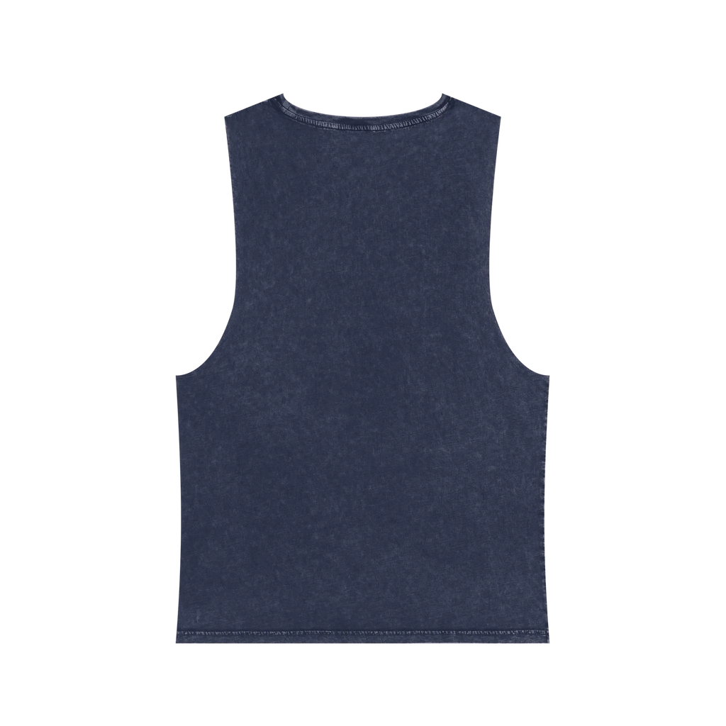 A back preview of the blue stonewash personalized muscle tank with a white arched 'Burnt Out Est. 1993' graphic — custom birth year gift idea for him or her.