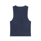 A back preview of the blue stonewash personalized muscle tank with a white arched 'Burnt Out Est. 1993' graphic — custom birth year gift idea for him or her.