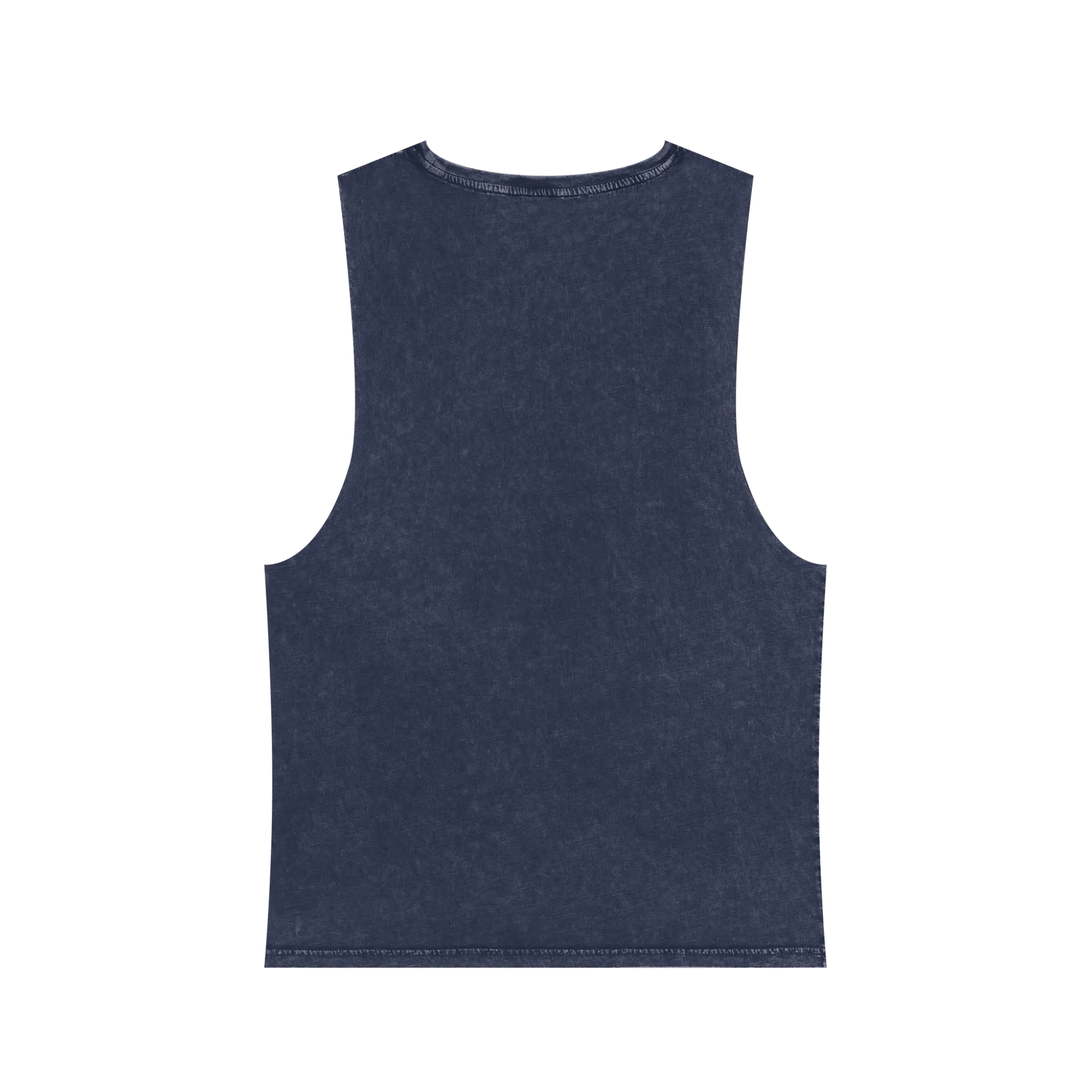 A back preview of the blue stonewash personalized muscle tank with a white arched 'Burnt Out Est. 1993' graphic — custom birth year gift idea for him or her.