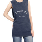 A person wearing the blue stonewash personalized muscle tank with a white arched 'Burnt Out Est. 1993' graphic — custom birth year gift idea for him or her.