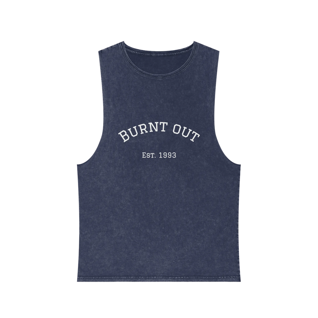 A front preview of the blue stonewash personalized muscle tank with a white arched 'Burnt Out Est. 1993' graphic — custom birth year gift idea for him or her.