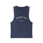 A front preview of the blue stonewash personalized muscle tank with a white arched 'Burnt Out Est. 1993' graphic — custom birth year gift idea for him or her.