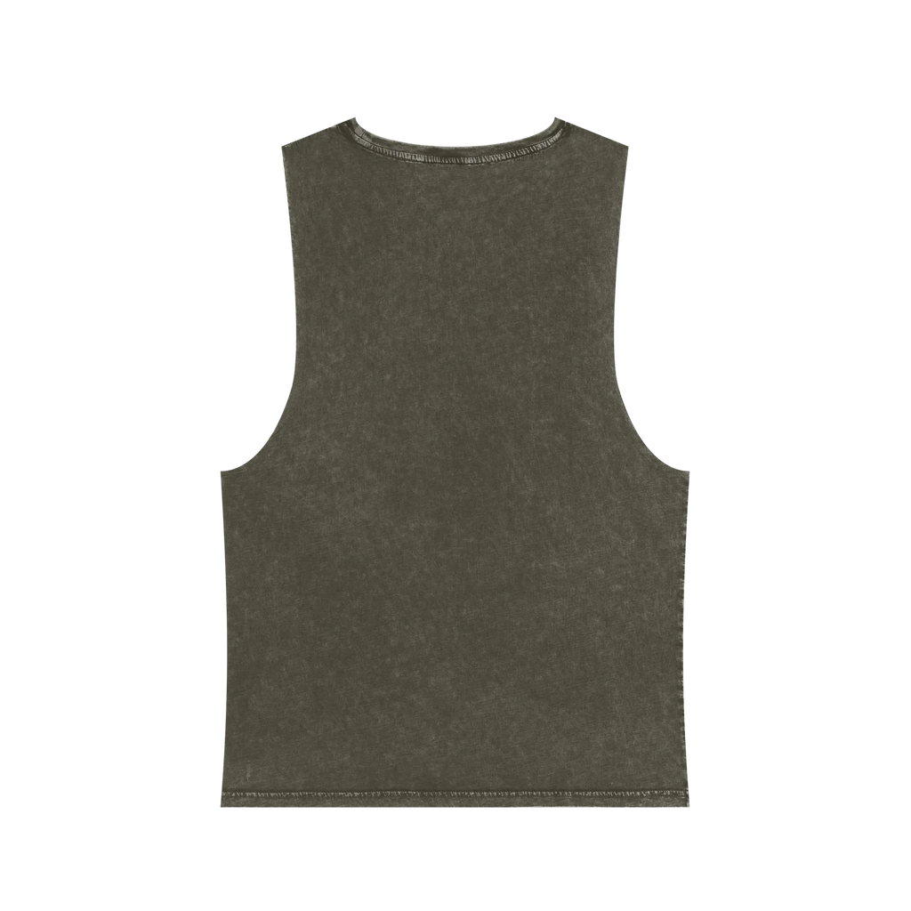A back preview of the moss stonewash personalized muscle tank with a black arched 'Burnt Out Est. 1993' graphic — custom birth year gift idea for him or her.