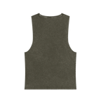 A back preview of the moss stonewash personalized muscle tank with a black arched 'Burnt Out Est. 1993' graphic — custom birth year gift idea for him or her.