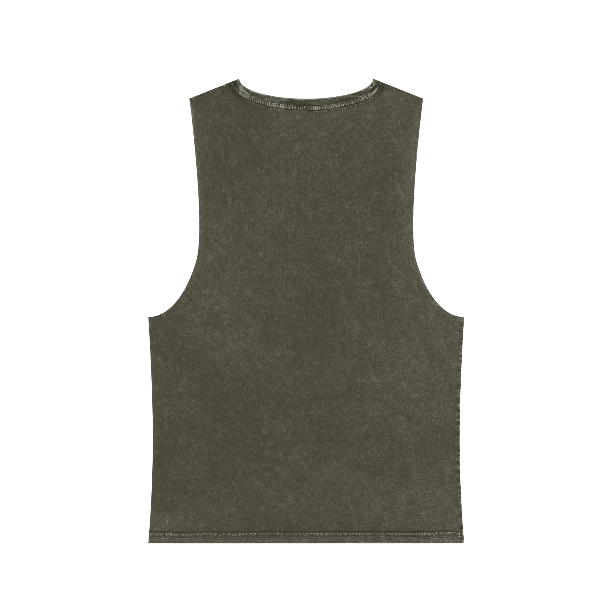 A back preview of the moss stonewash personalized muscle tank with a black arched 'Burnt Out Est. 1993' graphic — custom birth year gift idea for him or her.