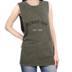 A person wearing the moss stonewash personalized muscle tank with a black arched 'Burnt Out Est. 1993' graphic — custom birth year gift idea for him or her.