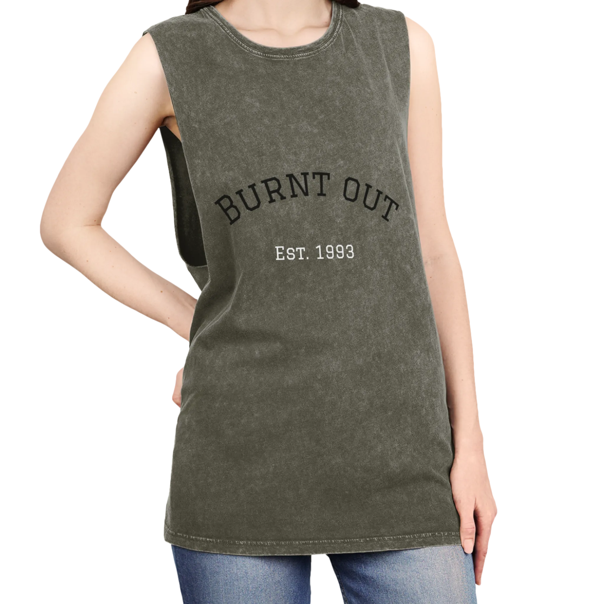 A person wearing the moss stonewash personalized muscle tank with a black arched 'Burnt Out Est. 1993' graphic — custom birth year gift idea for him or her.