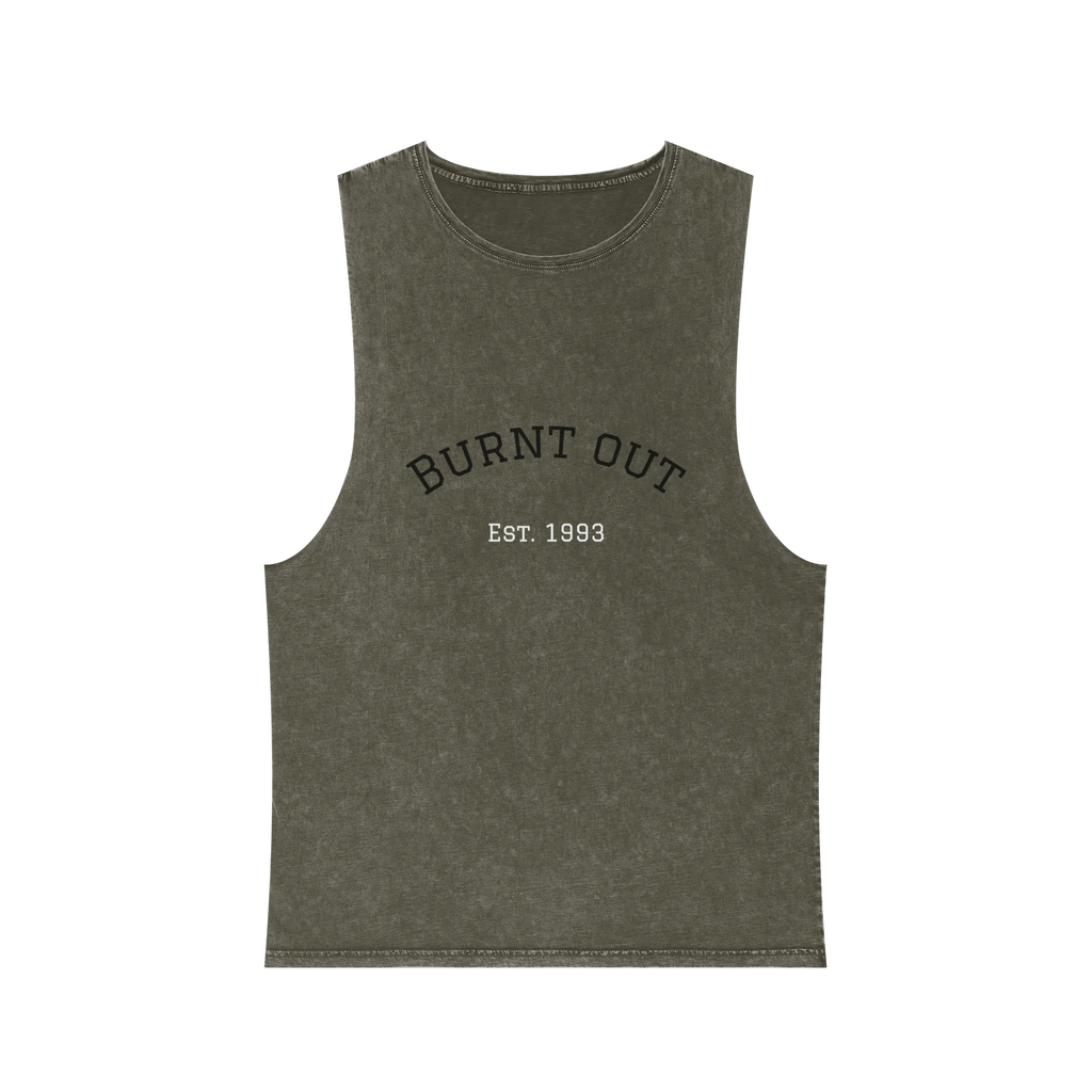 A front preview of the moss stonewash personalized muscle tank with a black arched 'Burnt Out Est. 1993' graphic — custom birth year gift idea for him or her.