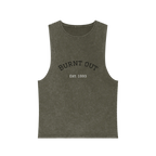 A front preview of the moss stonewash personalized muscle tank with a black arched 'Burnt Out Est. 1993' graphic — custom birth year gift idea for him or her.