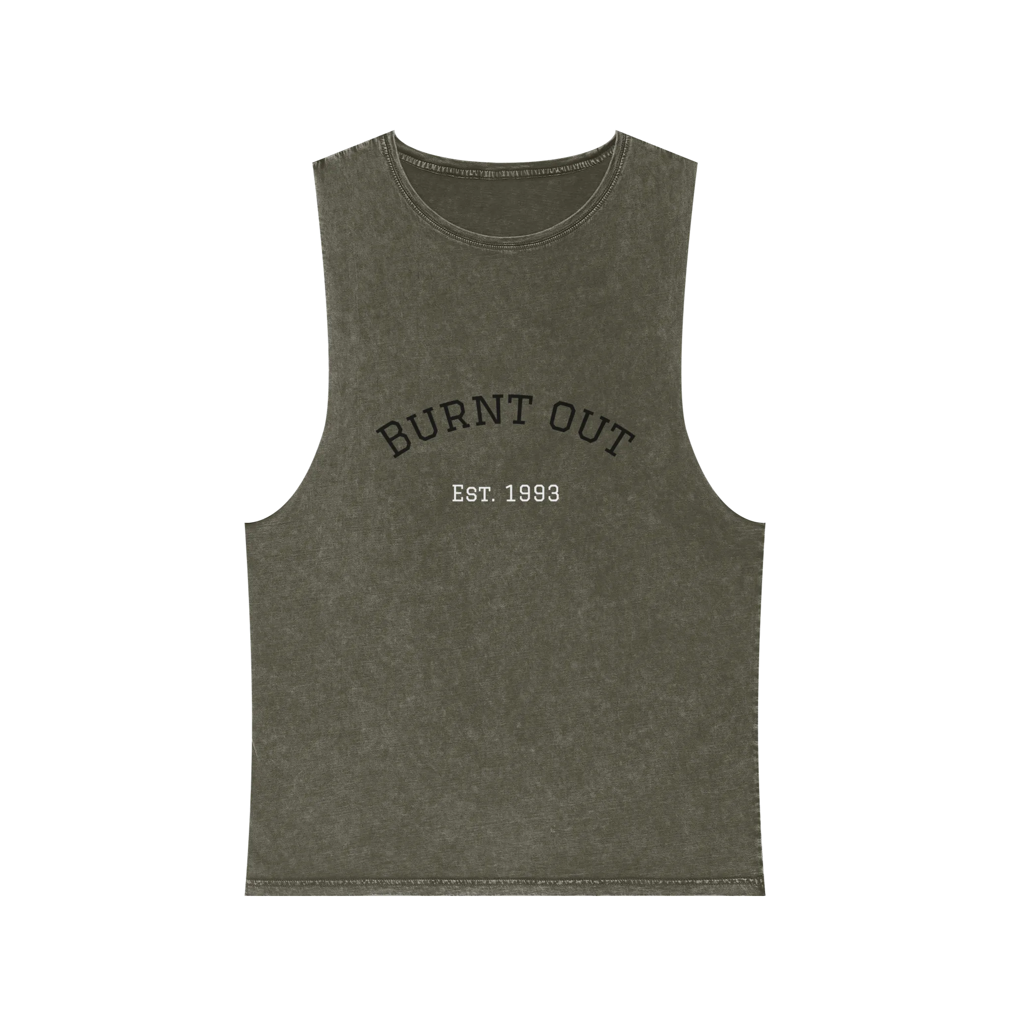 A front preview of the moss stonewash personalized muscle tank with a black arched 'Burnt Out Est. 1993' graphic — custom birth year gift idea for him or her.
