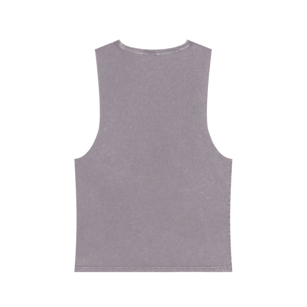A back preview of the orchid stonewash personalized muscle tank with a white arched 'Burnt Out Est. 1993' graphic — custom birth year gift idea for him or her.