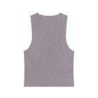 A back preview of the orchid stonewash personalized muscle tank with a white arched 'Burnt Out Est. 1993' graphic — custom birth year gift idea for him or her.