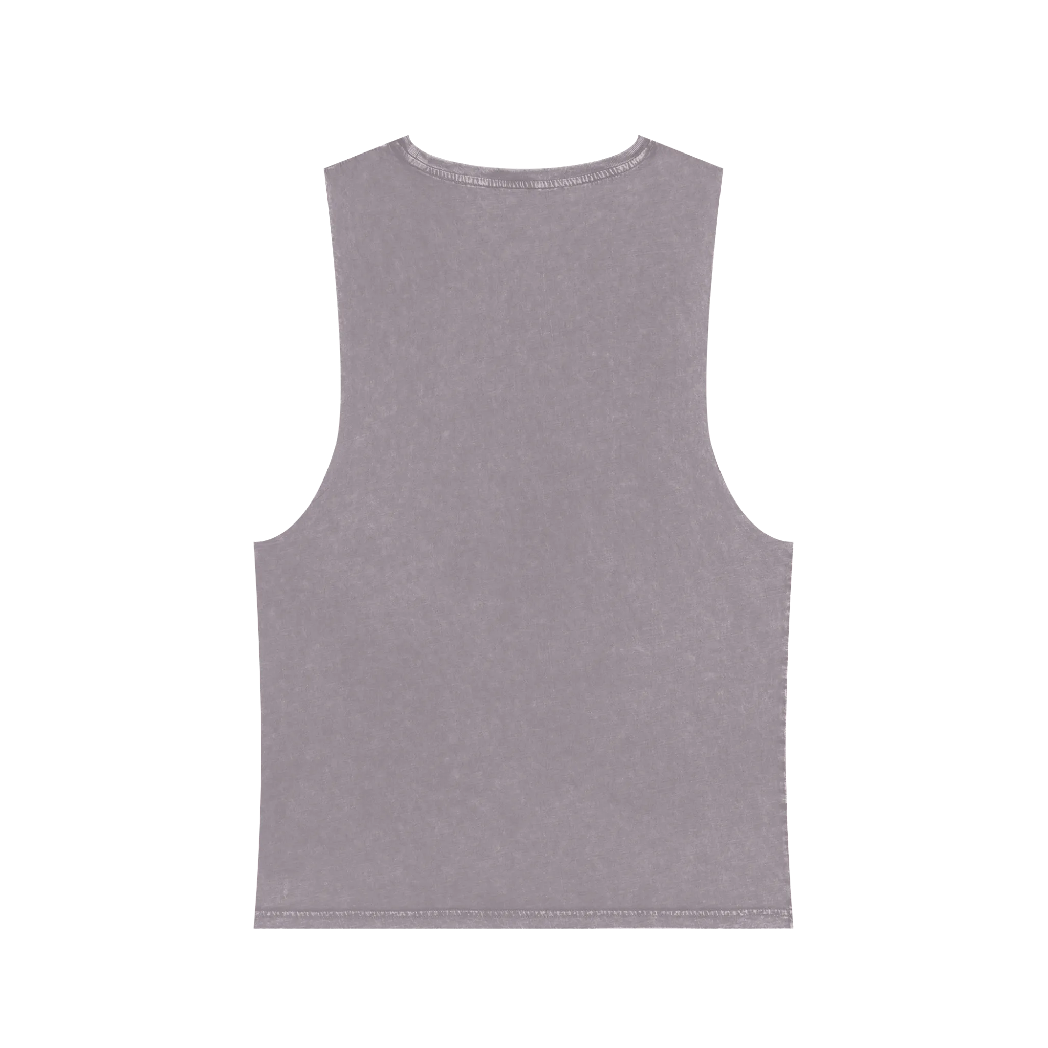 A back preview of the orchid stonewash personalized muscle tank with a white arched 'Burnt Out Est. 1993' graphic — custom birth year gift idea for him or her.