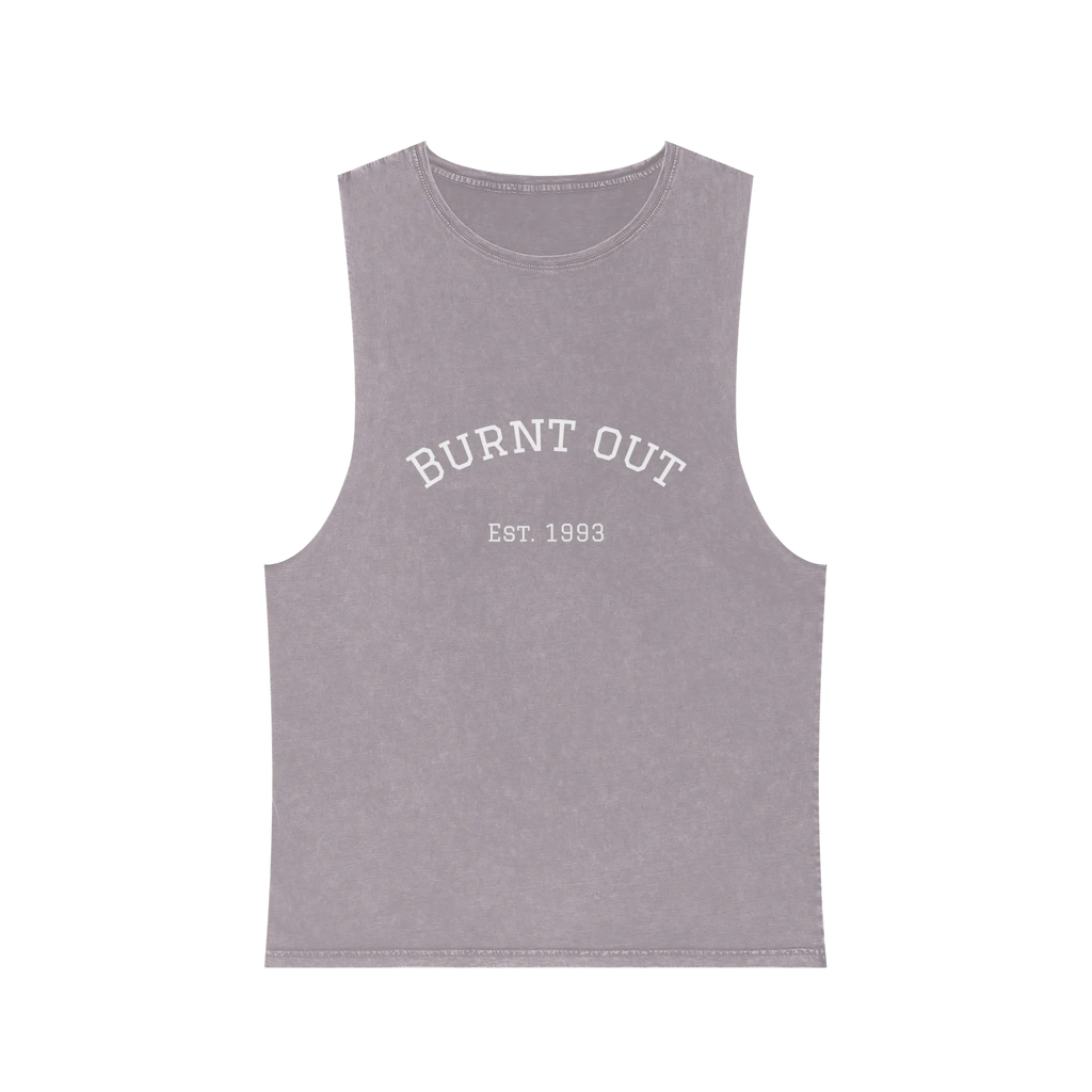 A front preview of the orchid stonewash personalized muscle tank with a white arched 'Burnt Out Est. 1993' graphic — custom birth year gift idea for him or her.
