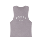 A front preview of the orchid stonewash personalized muscle tank with a white arched 'Burnt Out Est. 1993' graphic — custom birth year gift idea for him or her.
