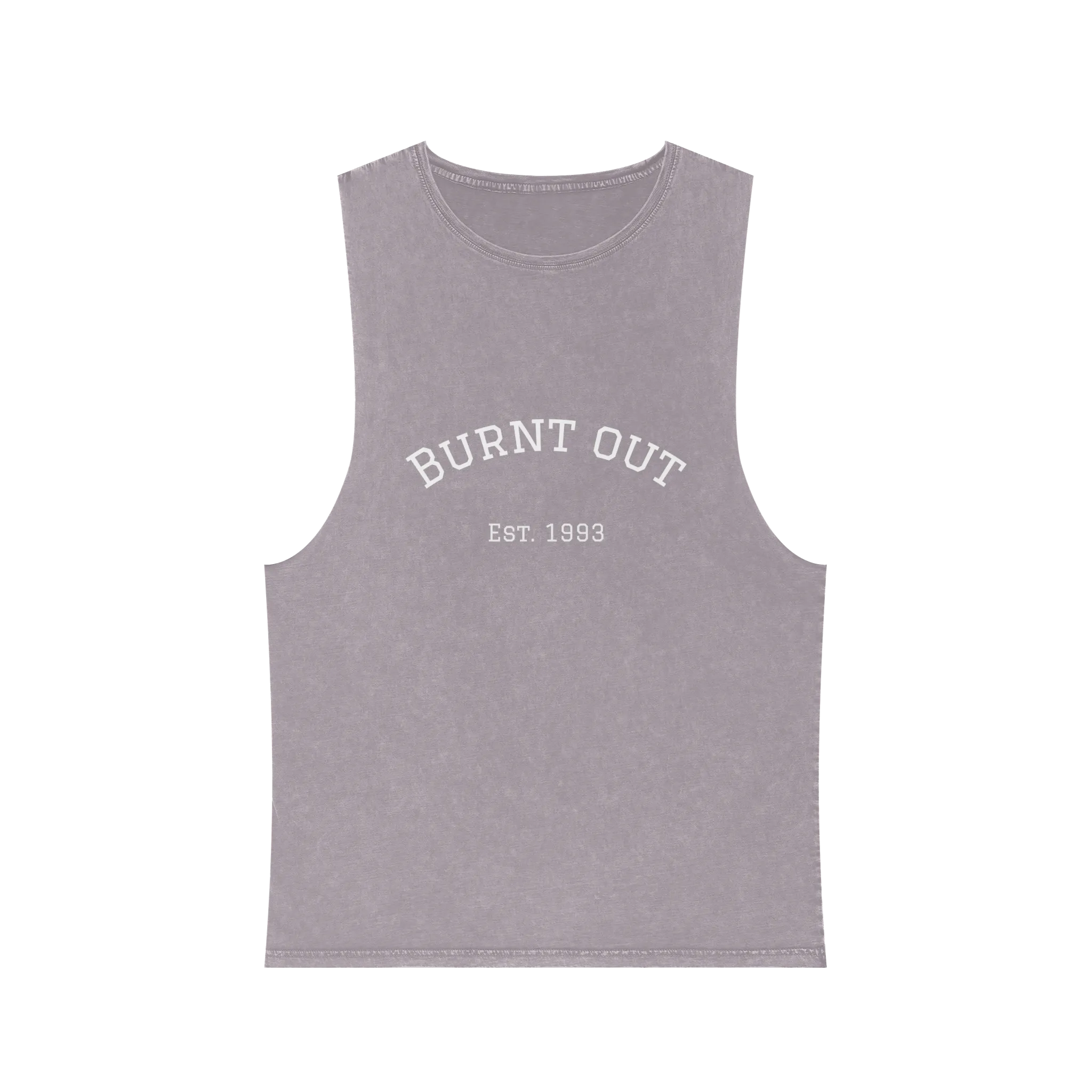 A front preview of the orchid stonewash personalized muscle tank with a white arched 'Burnt Out Est. 1993' graphic — custom birth year gift idea for him or her.