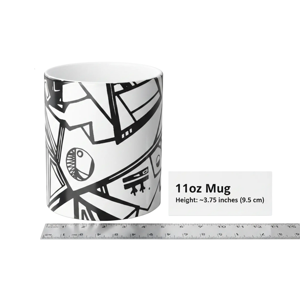 Freebrd Ecliptic Color Changing Mug 11oz ceramic shown next to a ruler with size reference card indicating 3.75 inch height on white background.
