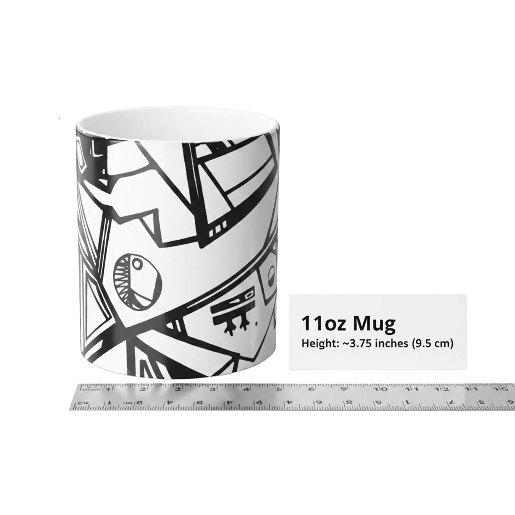 Freebrd Ecliptic Color Changing Mug 11oz ceramic shown next to a ruler with size reference card indicating 3.75 inch height on white background.
