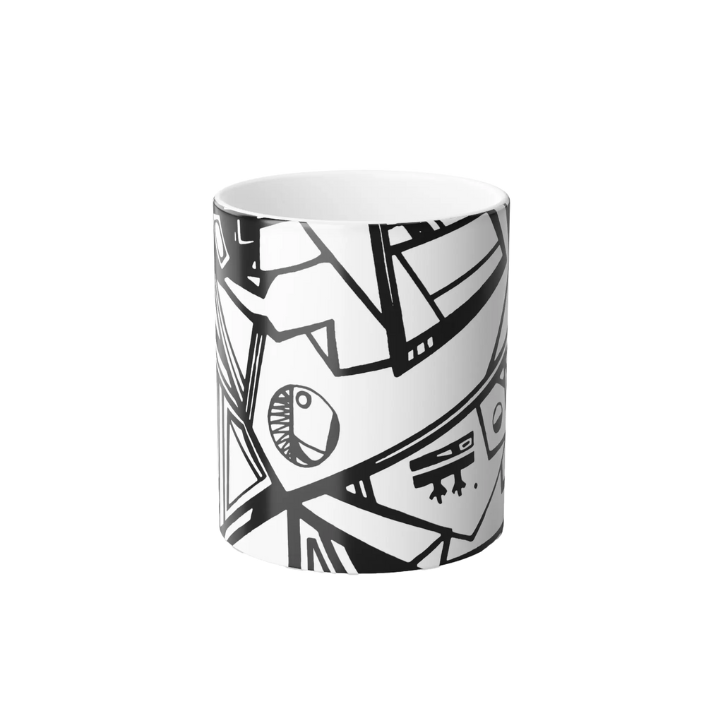 Freebrd Ecliptic color changing mug front view showing black and white line art design on 11oz ceramic mug.