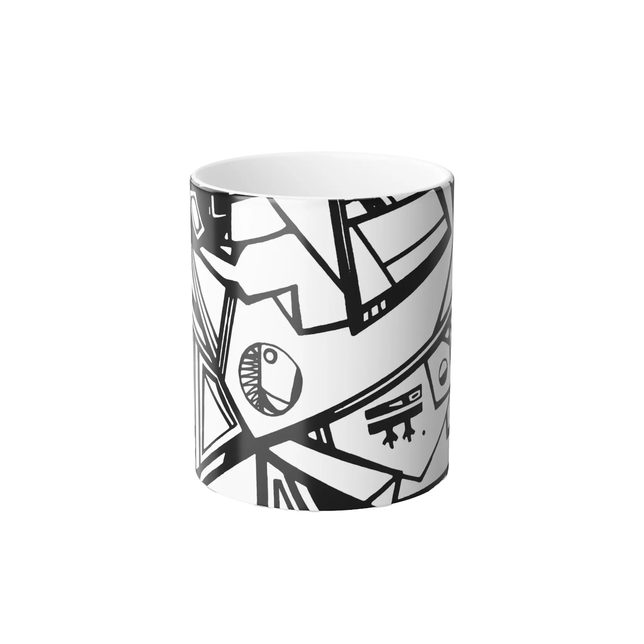 Freebrd Ecliptic color changing mug front view showing black and white line art design on 11oz ceramic mug.