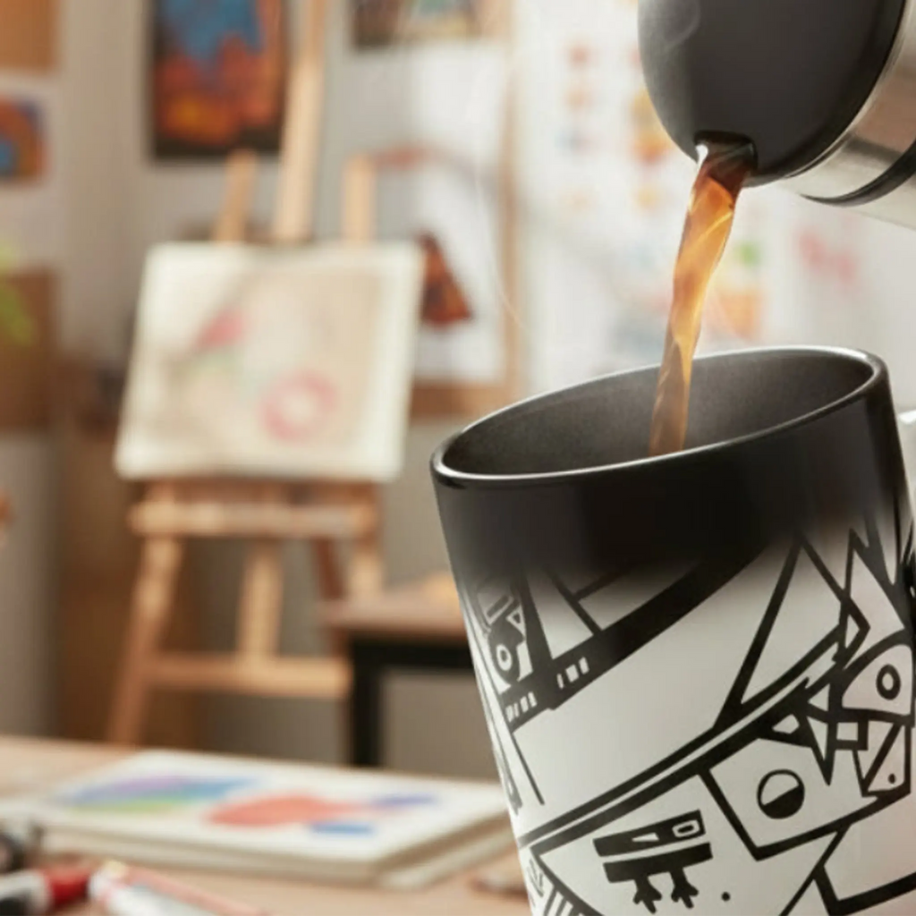 Coffee being poured into Freebrd Ecliptic heat changing mug revealing hidden line art design in artist's studio.