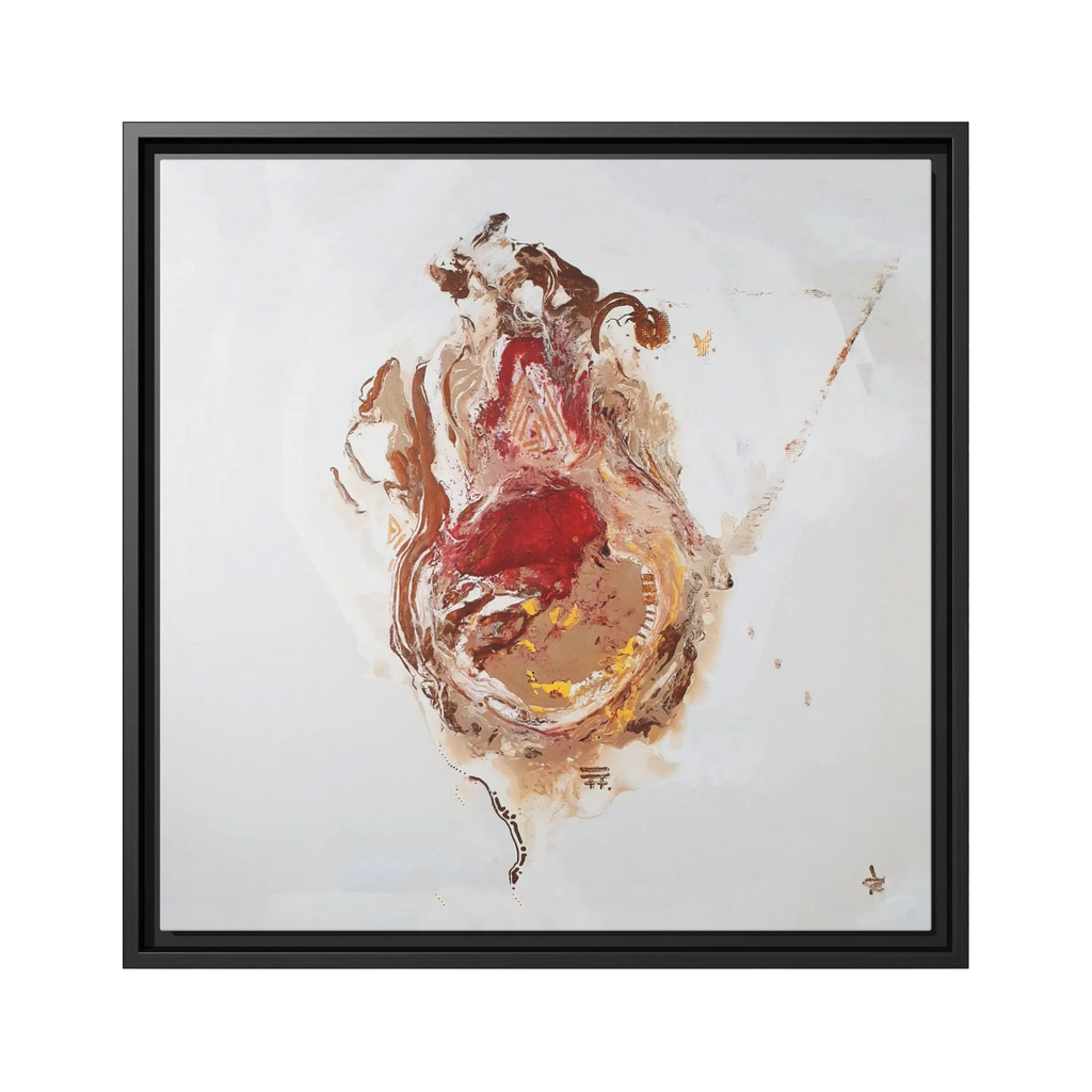 A front preview of the 20″ x 20″ "Face Lift" FREEBRD abstract acrylic painting wall art canvas showing a stylized figure with red earth tones on a light background and a black frame encasing.