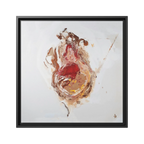 A front preview of the 20″ x 20″ "Face Lift" FREEBRD abstract acrylic painting wall art canvas showing a stylized figure with red earth tones on a light background and a black frame encasing.